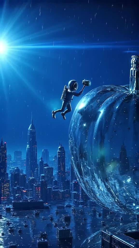 A tiny astronaut floats in zero-G next to a giant, floating glass apple. He taps it with …