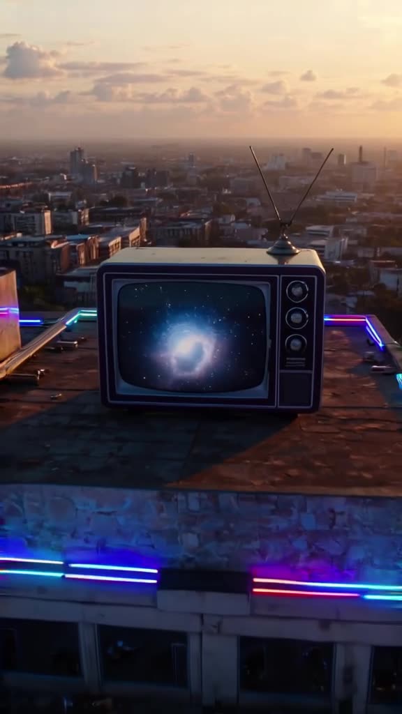 A retro TV set dances on a rooftop, its screen showing static that turns into swirling ga…