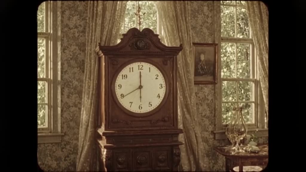 A vintage clock ticks backward, hands spinning wildly before shattering into a flock of w…