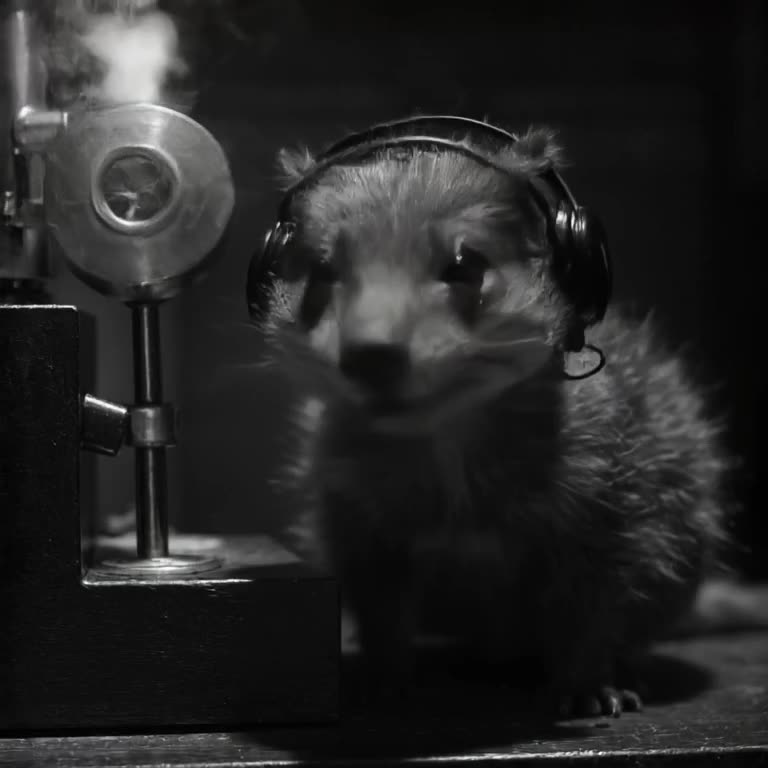 A ferret wearing headphones bobs its head intensely while a coffee machine whirs around i…