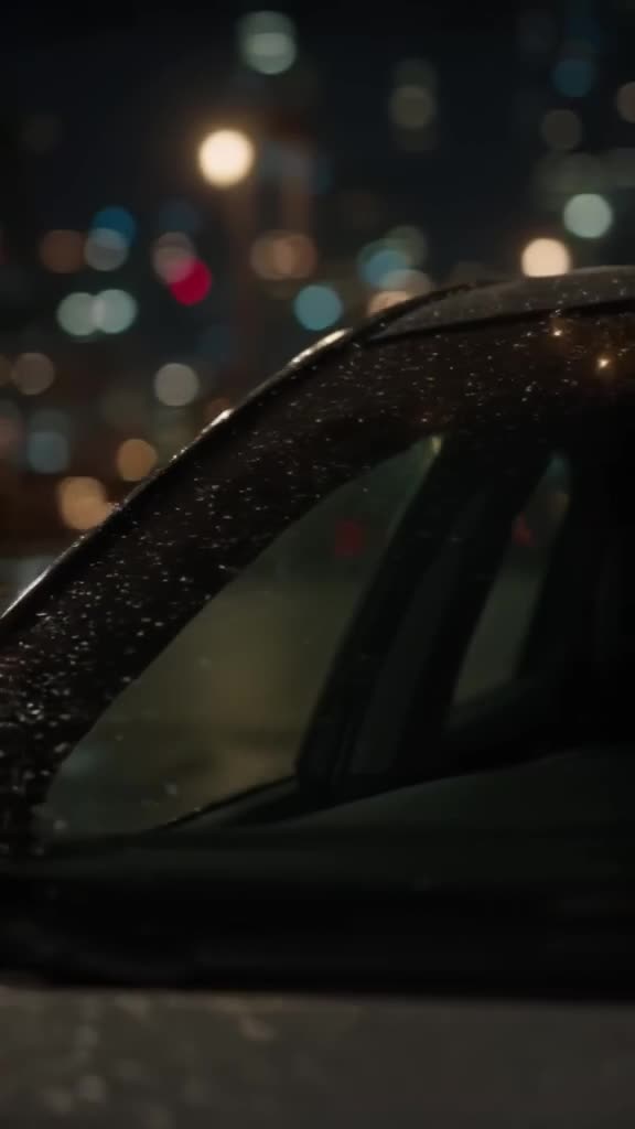 A swarm of fireflies landing on a wet car windshield, leaving tiny glowing trails as they…