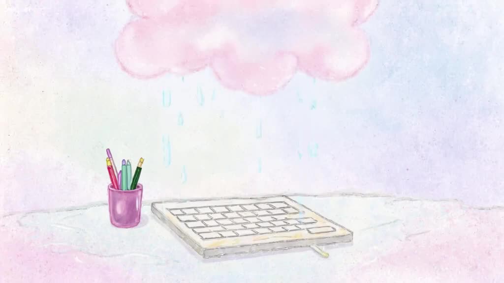 Watercolor style animation of a rain cloud hovering over a laptop, raining tears. A small…