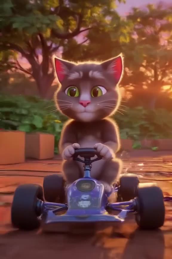 A calico cat drives a miniature kart on a track made of cardboard boxes. Suddenly, a cucu…