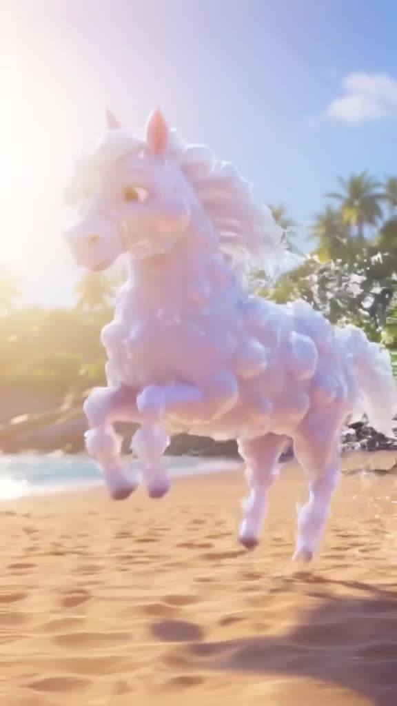 A horse made of bubbles floats over a sunny beach, popping softly with each step to relea…