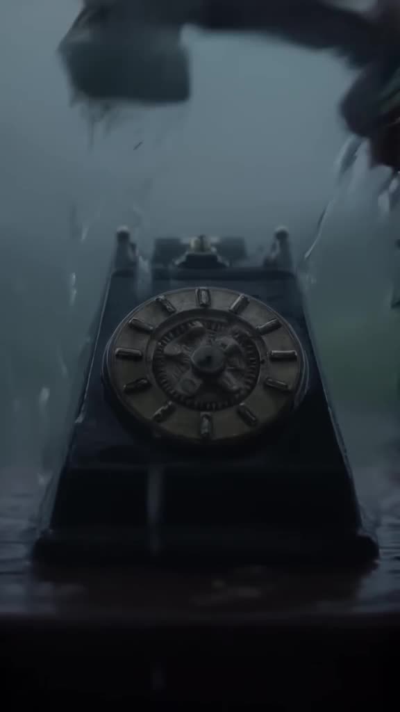 A vintage rotary phone sits in rain. As water hits the dial, the plastic rots away to rev…