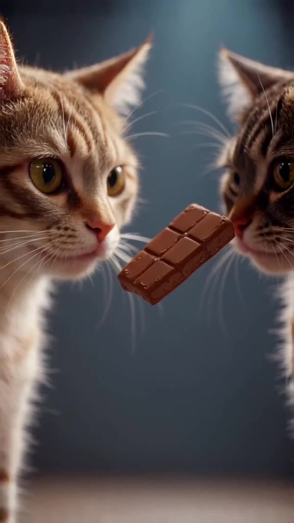 Two cats stare intently at a chocolate bar that slowly rotates in mid-air. One cat tilts …