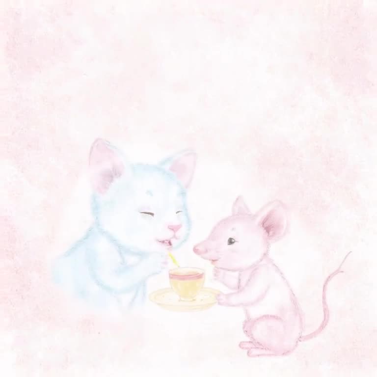 A watercolor-style illustration comes to life: a kitten drinks tea from a tiny cup while …