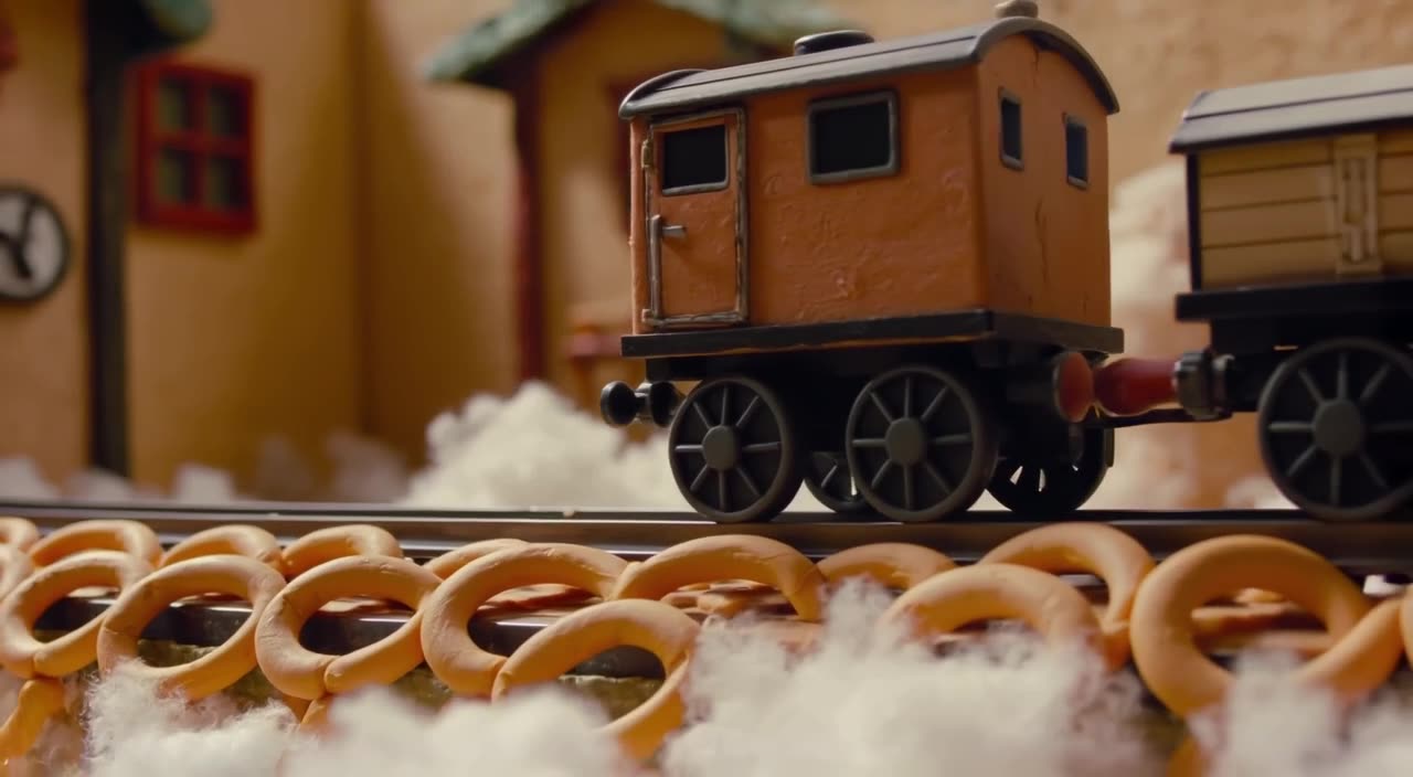 A miniature train travels along a track made of pretzel sticks. Smoke billows from the en…