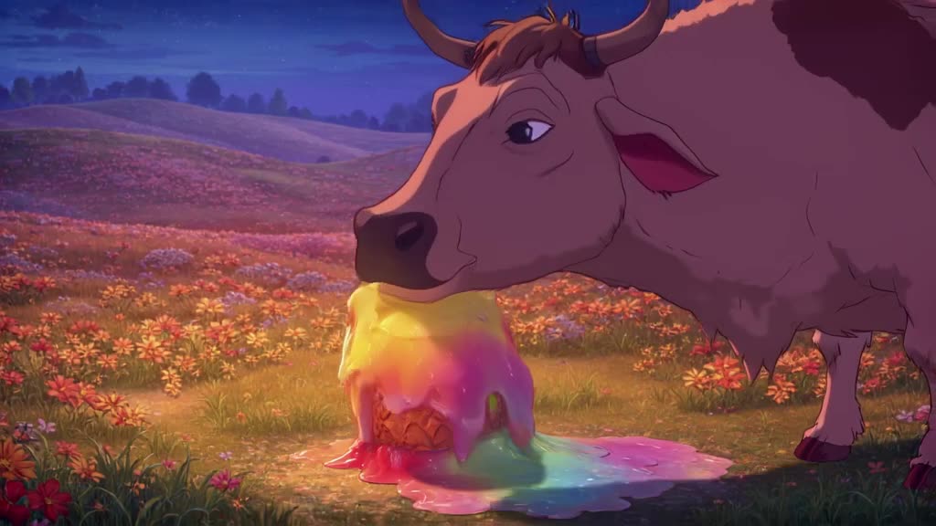 A cow licks a giant ice cream cone that slowly melts into a puddle of rainbow colors. The…