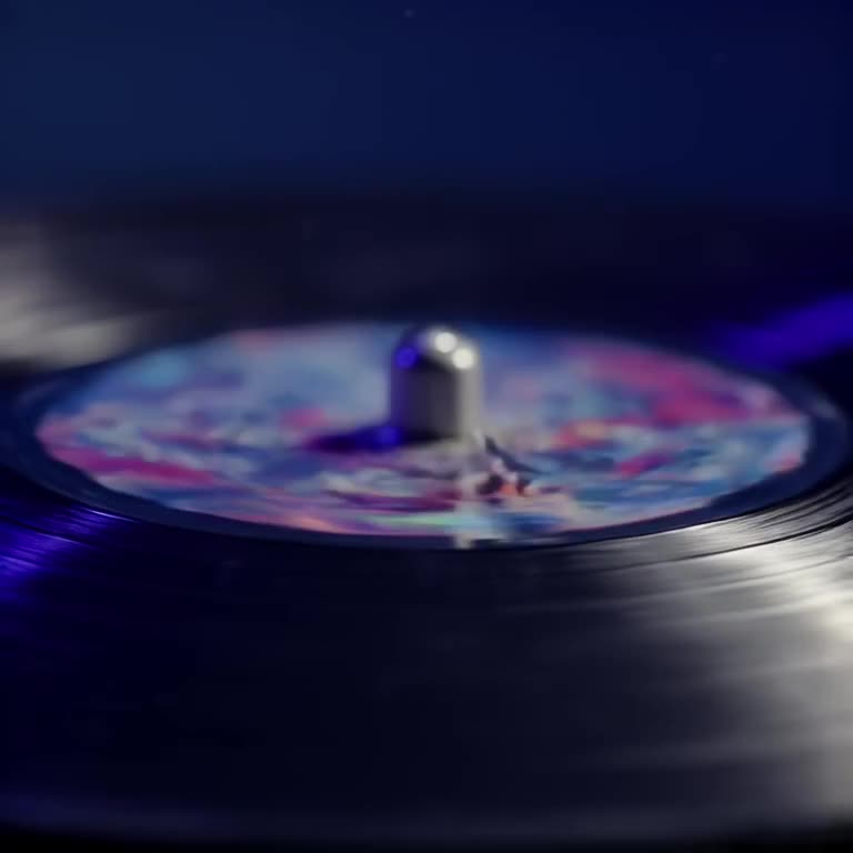 A single drop of water hits a vinyl record, causing the grooves to ripple and emit colorf…