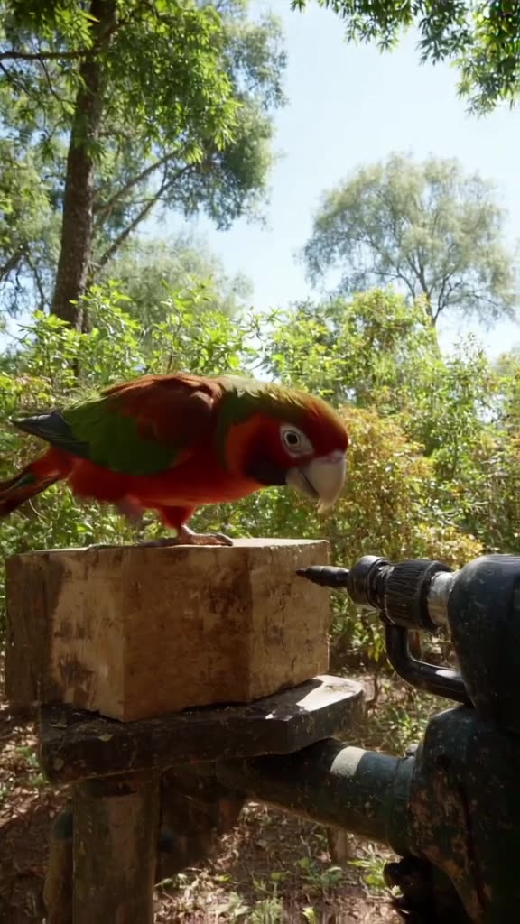 POV: A parrot perched on a drill press pecks the trigger, drilling perfectly into a block…