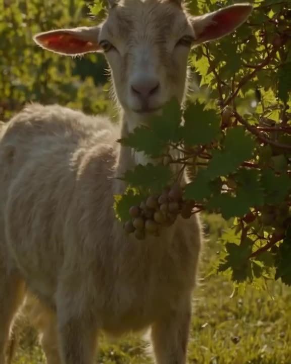 Baby goat in a vineyard, staring at a bunch of grapes. It dramatically faints backward on…