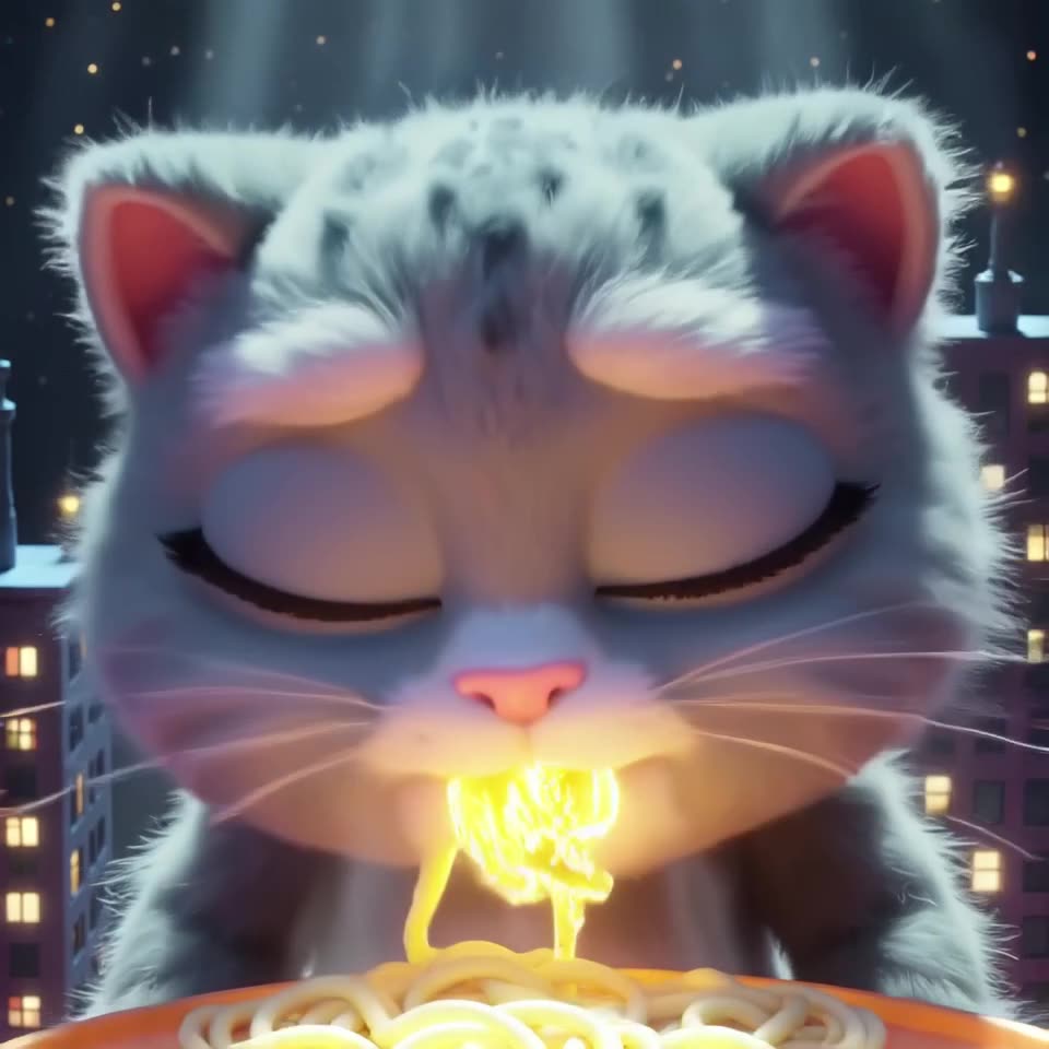 Cinematic pixel art close-up of a fluffy robot cat eating a glowing neon noodle. It slurp…
