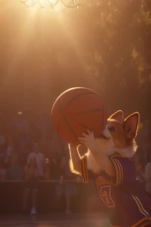 Golden hour sun flares through a basketball hoop as a tiny Corgi in a jersey dunks a bask…