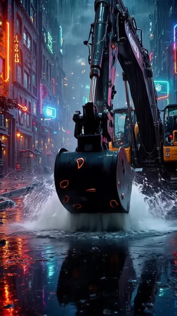 A excavator bucket fills with water, but it’s filled with floating musical notes that dan…