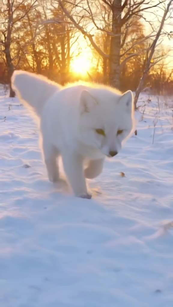 An arctic fox kit chases a falling leaf in slow motion, paws digging into the snow. Golde…