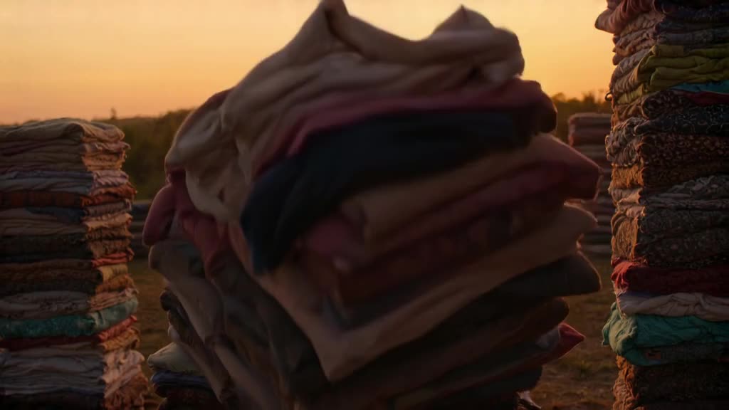 A stack of perfectly arranged laundry towers wobbles and collapses dramatically during a …