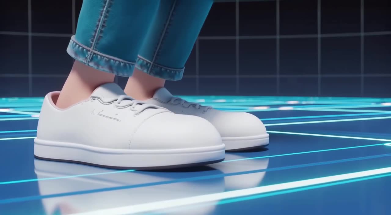 A pair of sneakers jumps onto a floating platform in a digital void. The platform glows b…