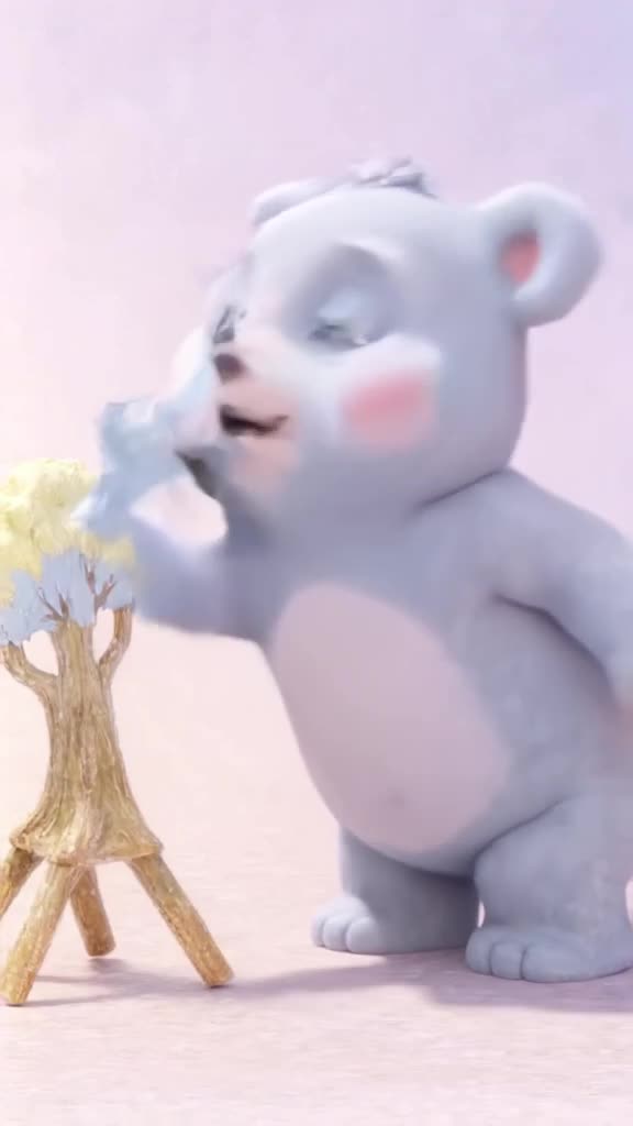 A 3D rendered watercolor bear tries to paint a tree but sneezes, blowing the wet paint of…