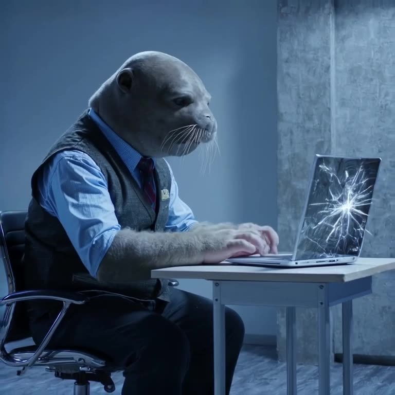 A walrus in a business vest sits at a tiny desk, typing on a laptop with huge flippers. T…
