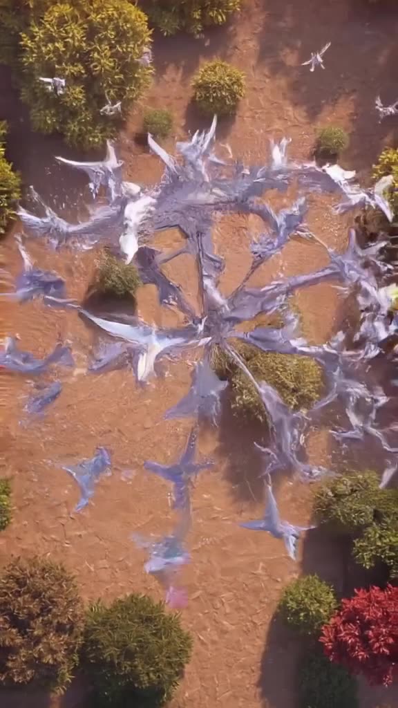 A flock of origami dinosaurs unfolds in mid-air, forming a massive flying saucer shape. T…