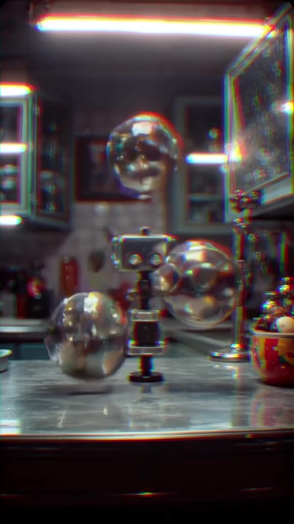 VHS filter: A retro 90s kitchen where a tiny robot blows glass beads that bounce around l…