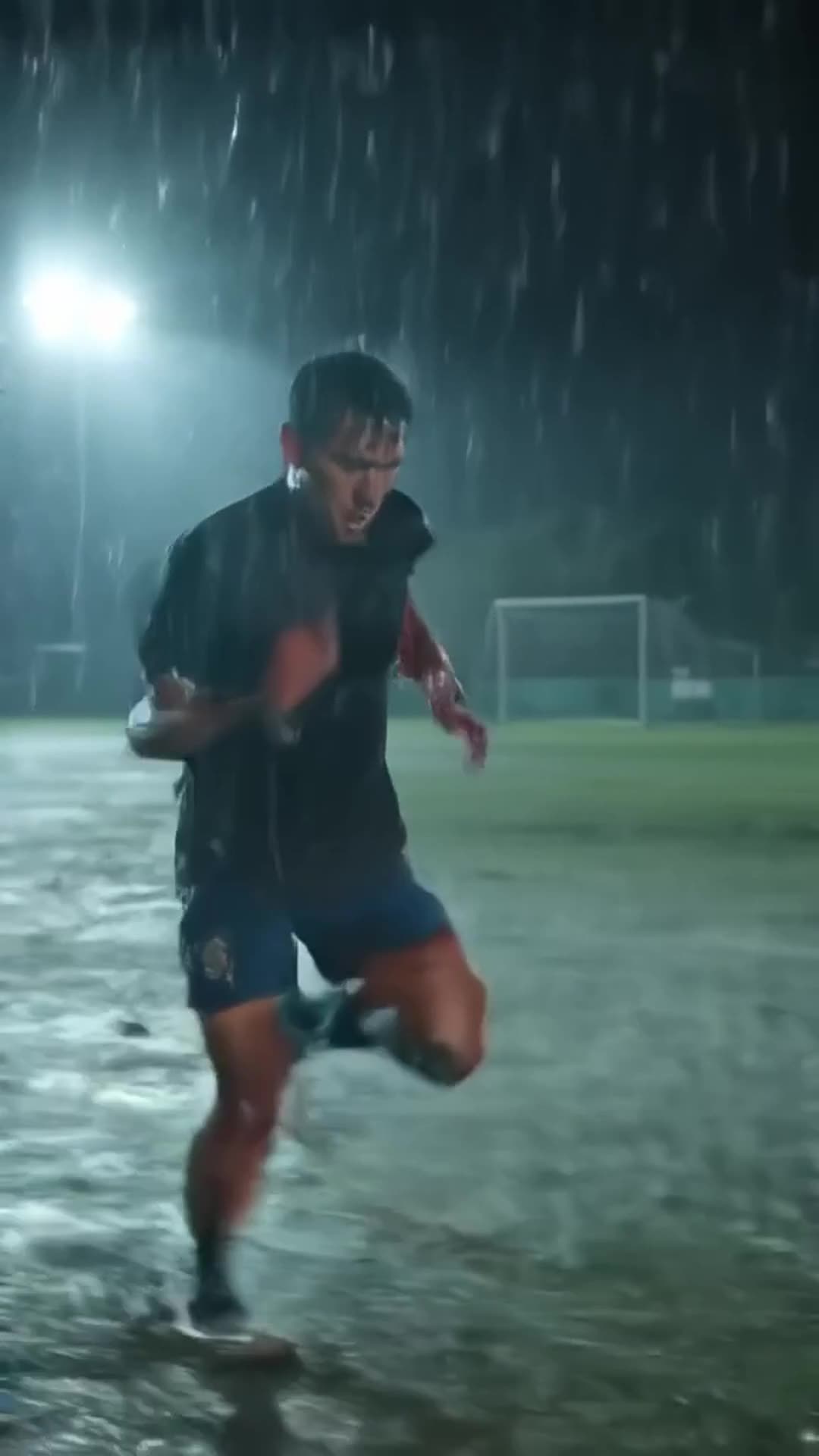 A determined soccer player sprints through heavy rain at night, mud splashing with every …