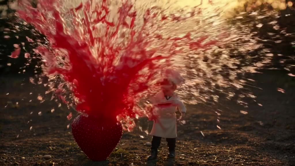A miniature chef in a tiny apron stabs a giant strawberry with a needle, releasing a mass…