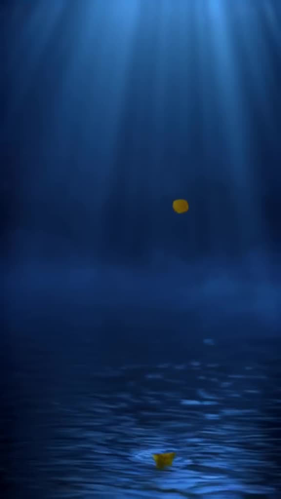 A marigold petal gently floating down onto dark, rippling ink-like water. A golden sugar …