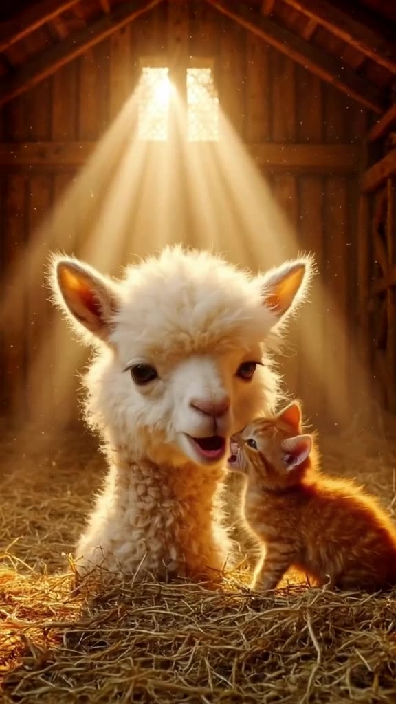A tiny orange tabby kitten gently nuzzles the nose of a fluffy white alpaca in a sun-dren…
