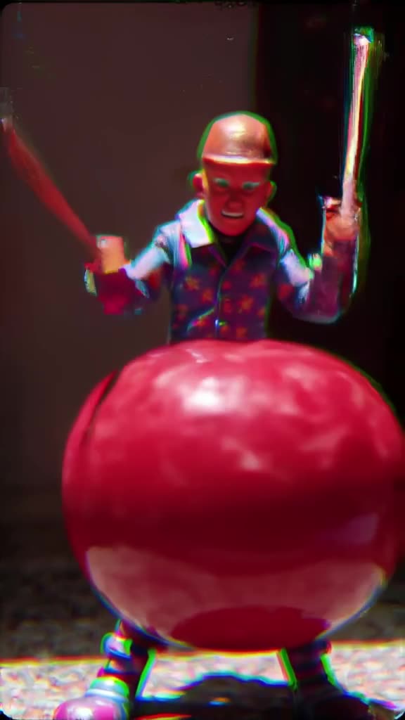 Miniature figure uses a giant cherry as a drum, hitting it rhythmically with two twigs. T…