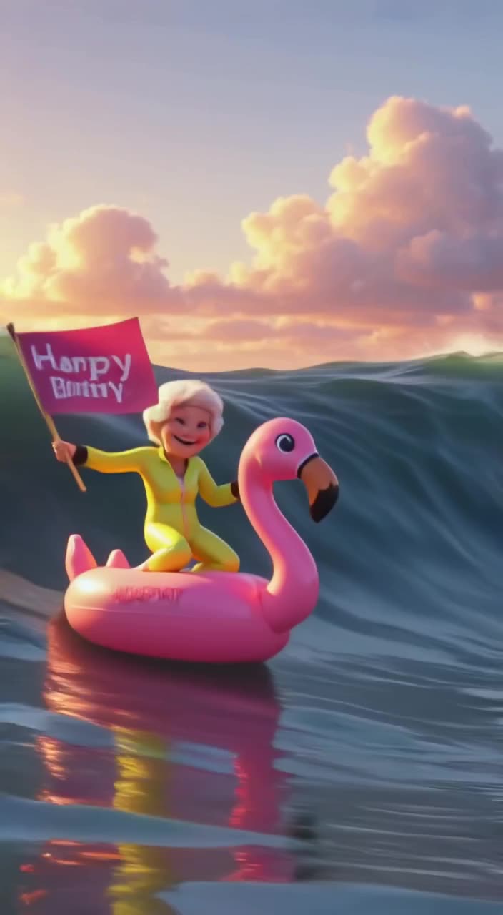 A cheerful elderly woman in a neon yellow wetsuit rides a massive wave on a tiny pink inf…