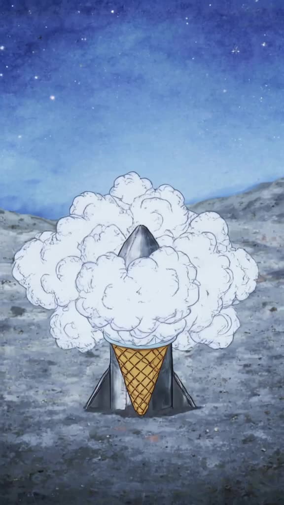 A sketch of a rocket ship launches from an ice cream cone, transforming the cone into a m…