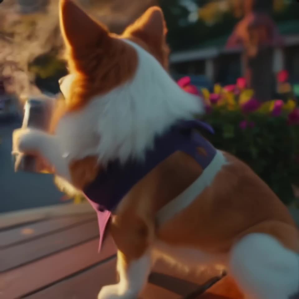 A fluffy Corgi in a tiny barista apron vigorously shakes a French press like a cocktail s…