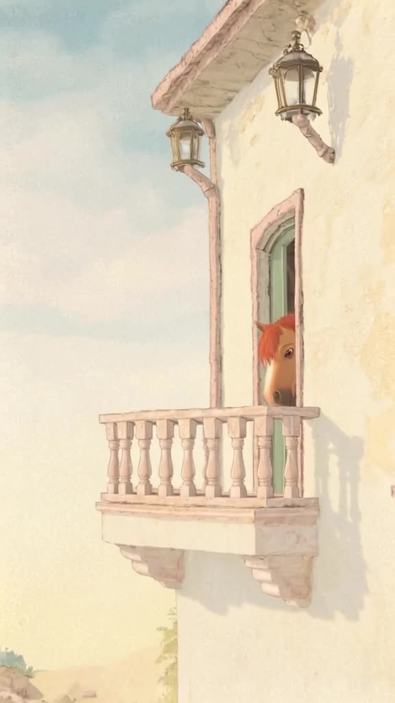 Pegasus lands gently on a balcony in Mykonos, holding a package. He nudges the doorbell w…