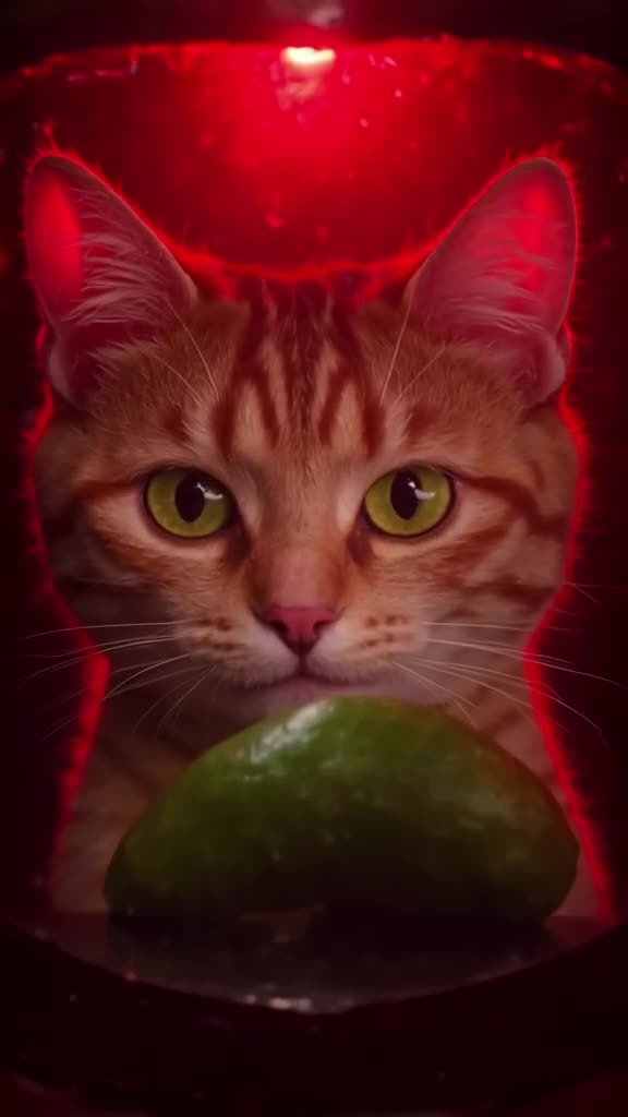 A cat stares at a mirror reflecting a cucumber. It sees its own reflection but treats the…