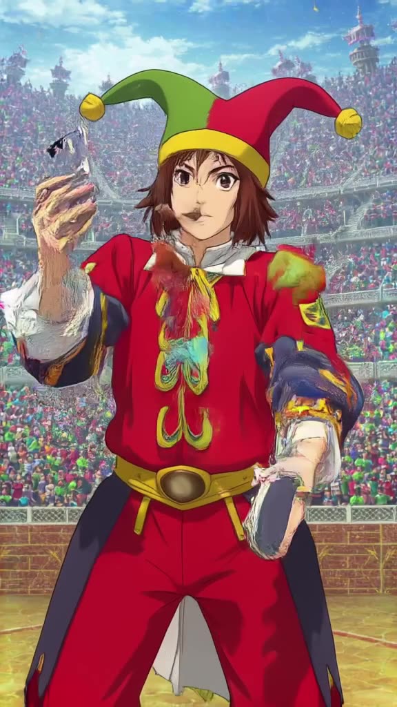 A medieval jester juggles three modern iPhones instead of apples. They bounce rhythmicall…