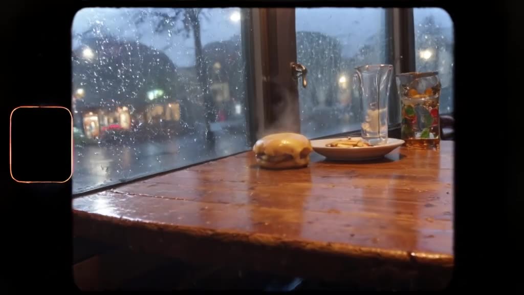 A steaming cheeseburger sits on a rustic wooden table beside a rain-streaked window. Rain…