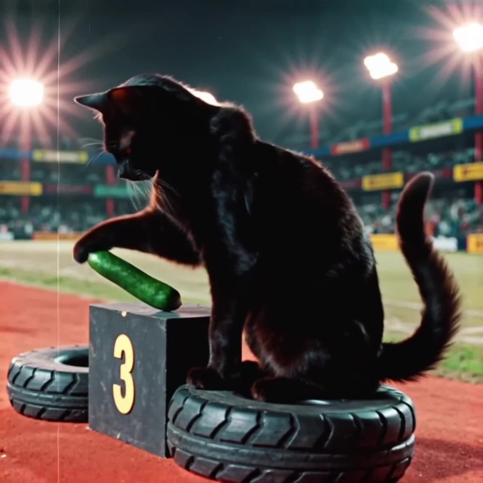 A black cat sits on a racing podium made of tires. A cucumber is placed on the top step, …