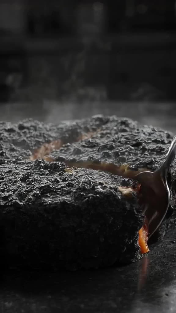 A slice of pie has a crust that looks like volcanic rock. As the fork cuts in, steam esca…