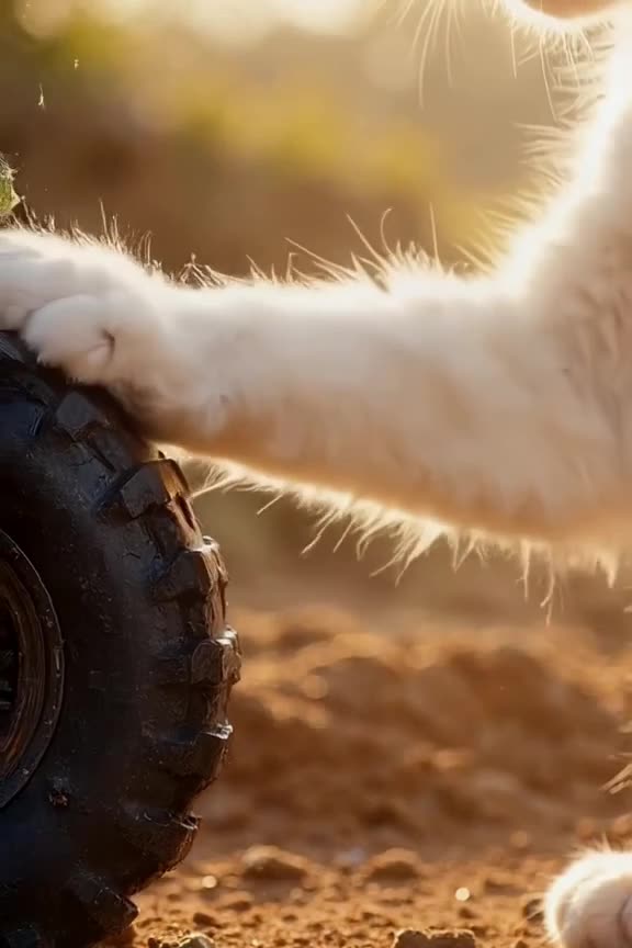 Close-up of a white cat’s paw delicately touching a shiny racing tire. A cucumber rolls i…