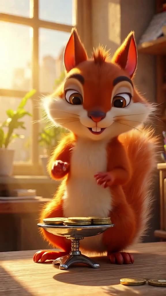 A squirrel accountant balances coins on a tiny scale. It loses balance, and coins fly int…