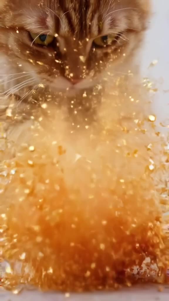 Close-up of a cat’s paws playing with a brightly colored ball. The ball bursts open, rele…