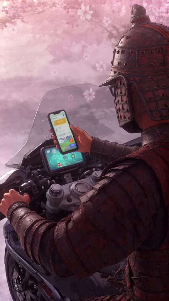 A samurai in traditional armor holds a smartphone, watching a delivery app notification o…