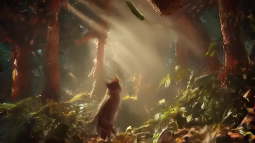 Kitten leaps dramatically into the air to avoid a cucumber. Sunbeams illuminate the dust …