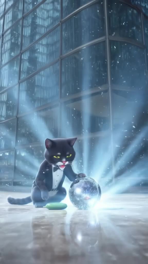 Low-angle drone shot rising over a glass skyscraper lobby. A tuxedo cat sits beside a cuc…