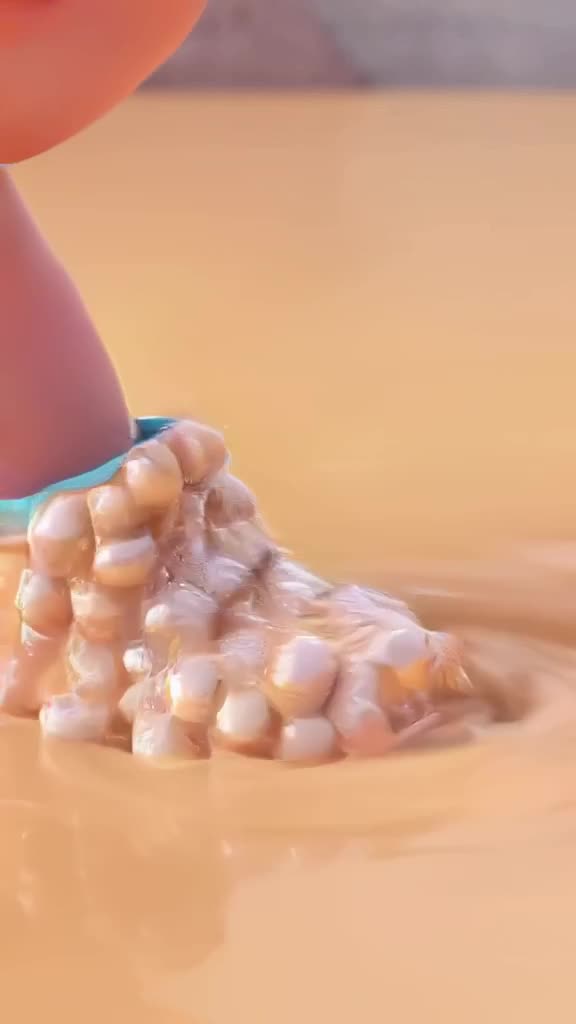 A sneaker made of bubble tea pearls bounces gently on a surface. Each impact creates a ri…