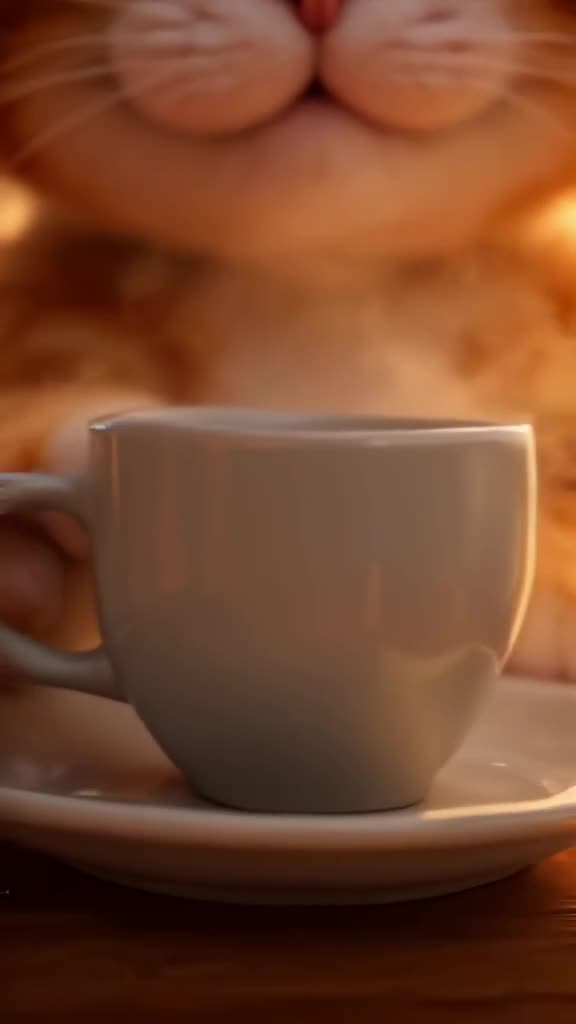 Extreme close-up of a coffee mug trembling violently on a wooden desk as deep bass distor…