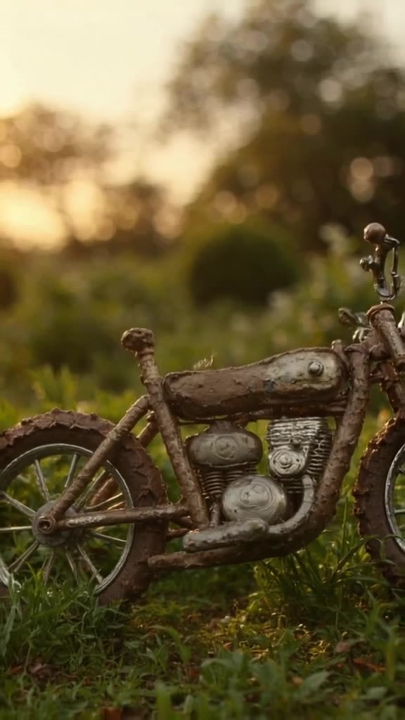 A classic Triumph parked in an overgrown garden. A butterfly lands on the mirror, and the…