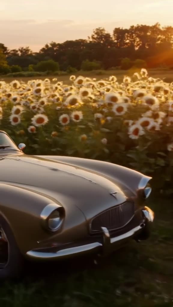 A grandma in a pearl necklace drift-competes with a 1950s car through a field of giant, g…